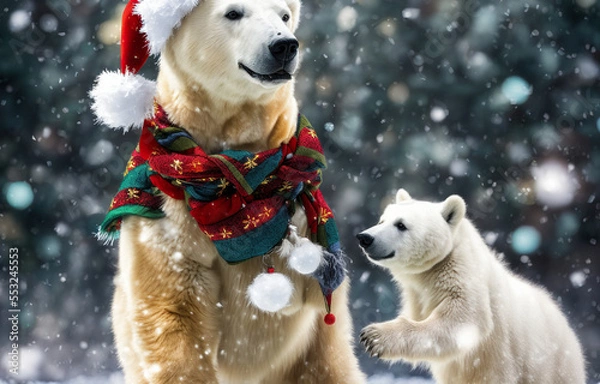 Fototapeta christmas polar bear with cub in the snow wearing santa hat and scarf, falling snow