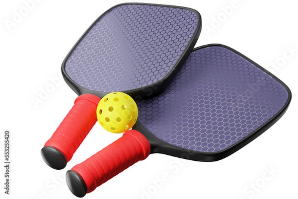 Obraz A ball with holes for a pickleball and two paddle rackets on a  transparent background. 3d rendering