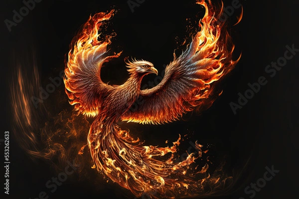 Fototapeta Phoenix with burning wings and tail. Mythological symbol of rebirth. Fantasy firebird. Generative AI