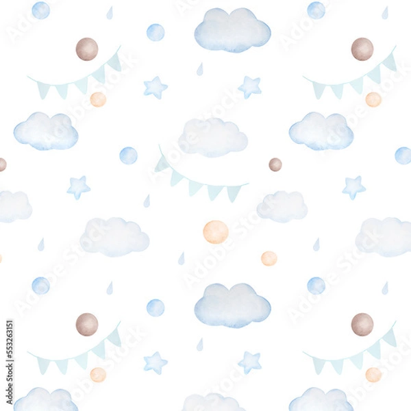 Fototapeta Watercolor seamless pattern with clouds, balls, flags, drops and stars in blue colors on white background
