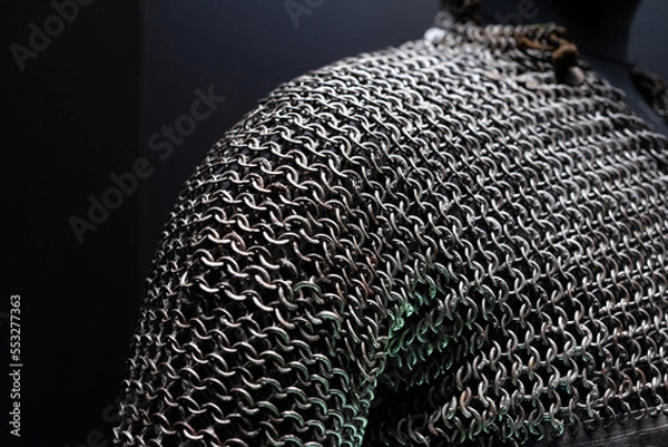 Fototapeta Close-up view of real handmade chainmail armor. Details of armor chain texture.