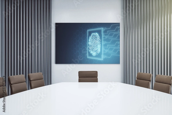 Fototapeta Abstract creative fingerprint hologram on presentation tv screen in a modern meeting room, research and development concept. 3D Rendering
