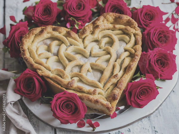 Obraz heart shaped apple pie with roses