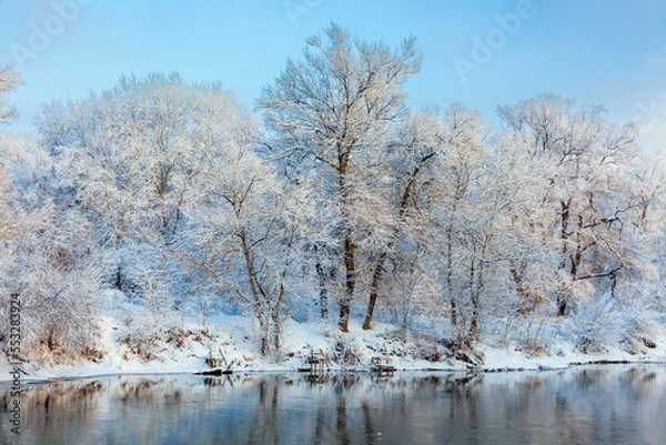 Fototapeta Beautiful view of the winter river and fishermen's bridges. Trees against the background of the morning blue sky. Snow-covered trees on the river bank are reflected in the water after snowfall.