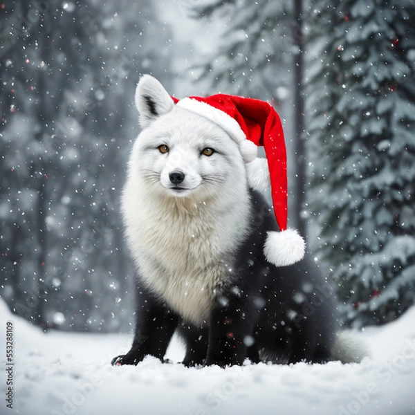Fototapeta cute christmas arctic fox in the snow in santa hat, falling snow and trees covered in snow in the background