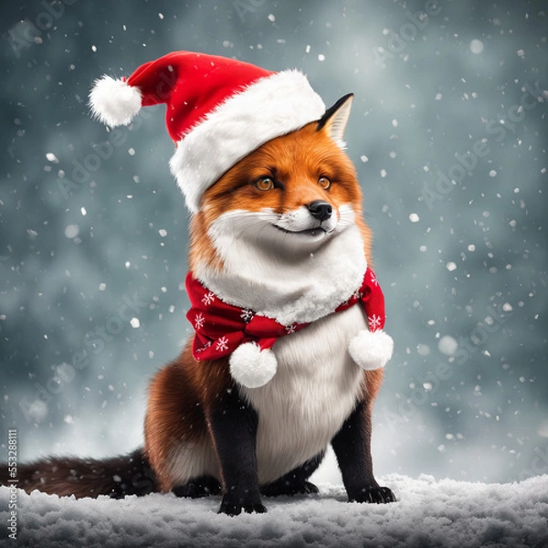 Fototapeta cute christmas red fox in the snow in santa hat and scarf, falling snow 