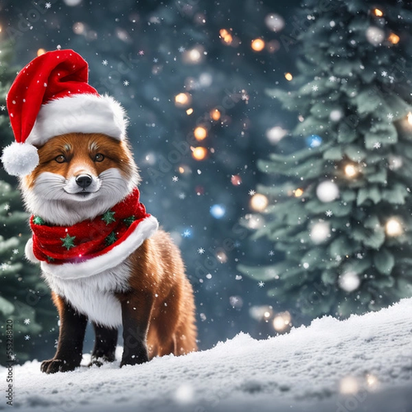 Fototapeta cute christmas red fox in the snow in santa hat and scarf, falling snow and trees covered in snow in the background