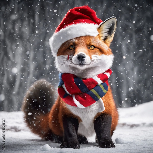 Fototapeta cute christmas red fox in the snow in santa hat and scarf, falling snow and trees covered in snow in the background