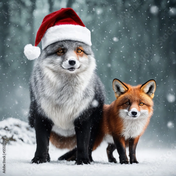 Fototapeta cute christmas arctic fox and cub in the snow in santa hat, falling snow and trees covered in snow in the background