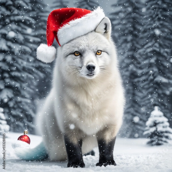 Fototapeta cute christmas arctic fox in the snow in santa hat, falling snow and trees covered in snow in the background