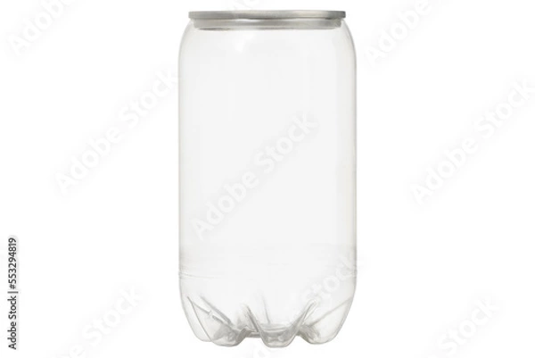 Fototapeta Front view of a transparent plastic beverage can highlighted on a white background