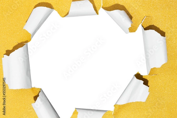 Fototapeta Hole in christmas gold gift box, empty space for advertising text in torn paper, background texture