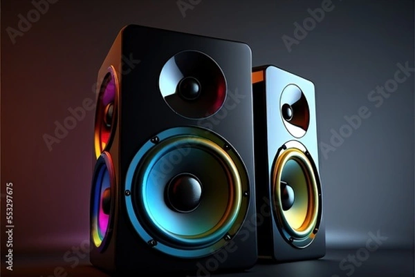 Fototapeta Two neon colored stereo speakers on dark background with reflection.Sound audio loud speakers, Generative ai illustration