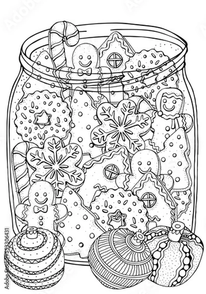 Fototapeta Glass jar with Christmas gingerbread cookies, holiday baking. Pattern with winter hand-drawn decorative elements in vector. Coloring book page for adults. Black and white.