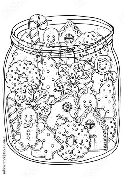 Fototapeta Glass jar with Christmas gingerbread cookies, holiday baking. Pattern with winter hand-drawn decorative elements in vector. Coloring book page for adults. Black and white.