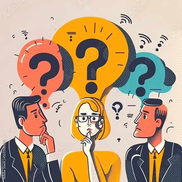 Fototapeta Question. Group of talking people with speech bubbles and giant question mark. Customer service, frequently asked questions, FAQ. Generative AI illustration concepts. Modern flat design.