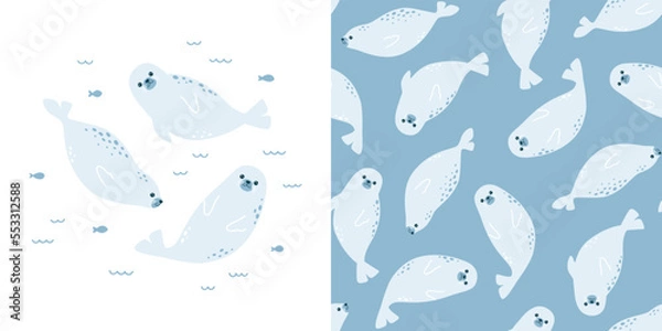Obraz Cute vector collection with fur seal. Seamless pattern and animal illustration