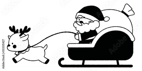 Obraz サンタクロースとトナカイのイラスト（白黒）