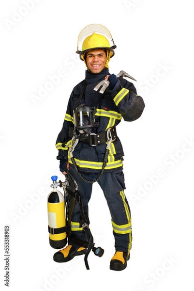 Fototapeta Full body young smiling African-American man in uniform of fireman with breathing air cylinder apparatus and full facepiece respirator and hooligan crowbar in hand, isolated on white background