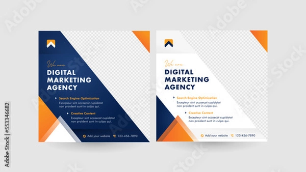 Fototapeta Modern and powerful Social Media Posts. A solid triangle design concept with a combination of dark blue and orange that is perfect for your business