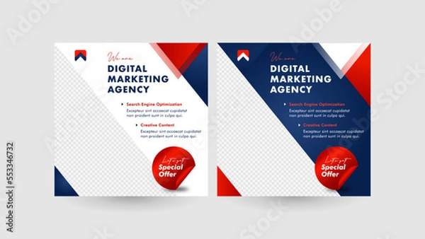 Fototapeta Modern and powerful Social Media Posts. A solid triangle design concept with a combination of dark blue and red that is perfect for your business