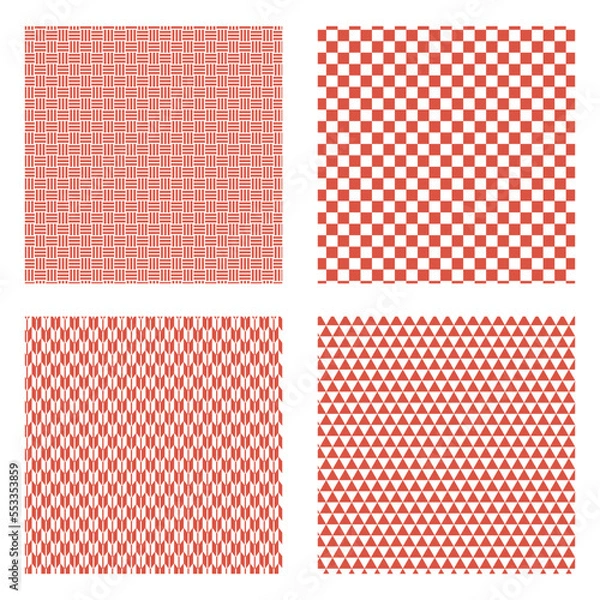 Obraz 朱色の日本の伝統的な模様の背景セット。三崩しと市松模様と矢絣と鱗。