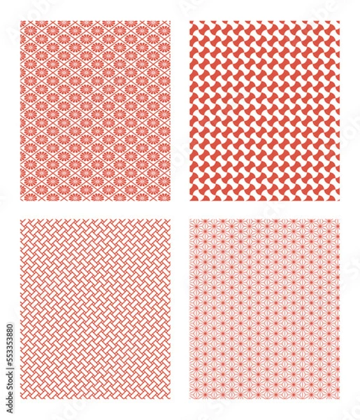 Fototapeta 朱色の日本の伝統的な模様の背景セット。菊格子と分銅繋ぎと大籠目と麻の葉。