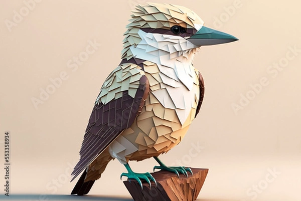 Fototapeta Closeup portrait of an Australian Kookaburra perching in the form of a low polygon count 3D render. Colored, plain background. Generative AI