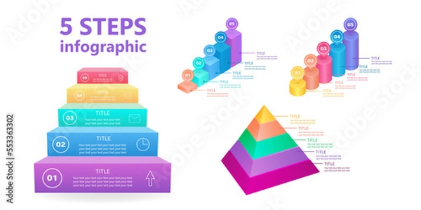 Fototapeta Business infographics. A set of stairs and pyramids of 5 steps. 3 D. Vector illustration.