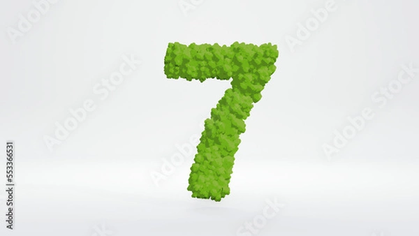Fototapeta 3D illustration of number seven. Cute green bush cartoon style, isolated on white background with clipping path