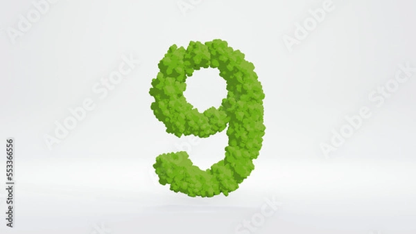 Fototapeta 3D illustration of number nine. Cute green bush cartoon style, isolated on white background with clipping path
