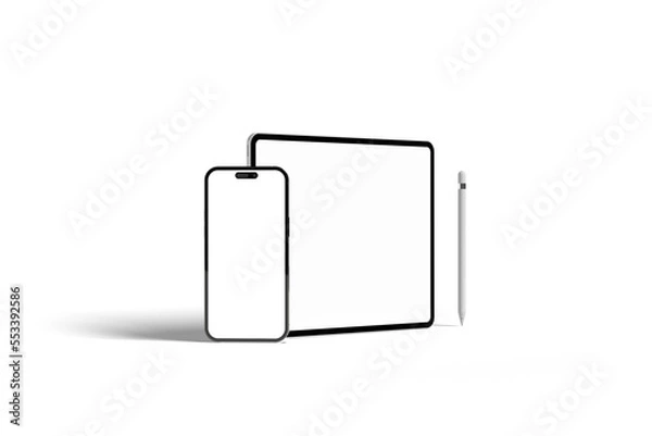 Obraz Realistic Tablet and Smartphone Mockup with White Wallpaper Screen Isolated on white