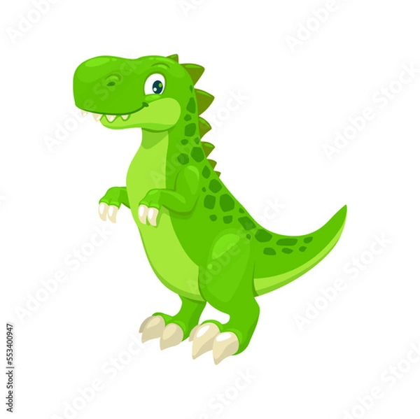 Fototapeta Cartoon tyrannosaur dinosaur character, cute t-rex dino. Funny smiling personage of jurassic era with green skin and long talons. Standing friendly reptile creature, paleontology dinosaur mascot