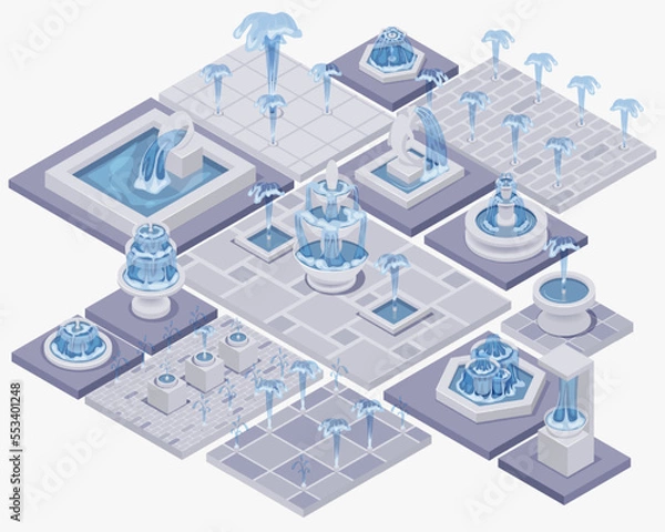 Fototapeta Isometric fountain set with outdoor park cascades isolated vector illustration EPS10. Vintage and modern architecture decor with splashing drops.
