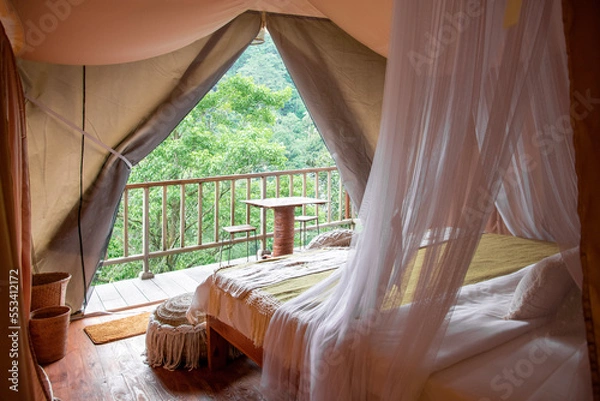 Obraz Glamping interior inside a tent. Indie style 