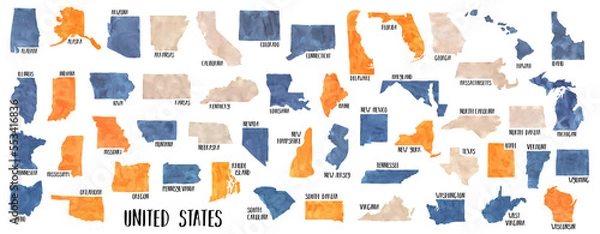 Obraz Watercolour set of 50 USA States with text signs in navy blue, bright orange and natural beige. Hand painted water color with creative brush strokes, isolated colorful clip art elements for design.