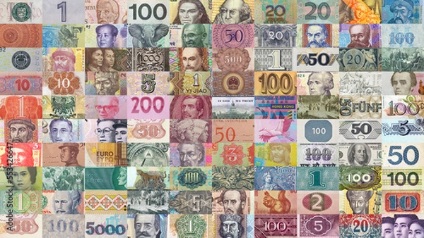 Fototapeta Paper cash money element collage. Currency set. Banknote background. Financial concept.