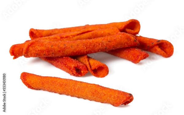 Obraz Pile of spicy corn chips isolated on white background. Hot rolled chips.