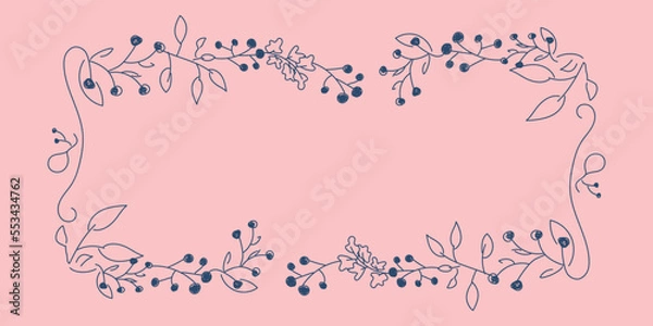 Fototapeta Vector. Merry Christmas and Happy New Year floral background, copy space for text. Rustic horizontal frame template for Christmas cards, wedding invitations, party invitations. Hand-drawn sketch.
