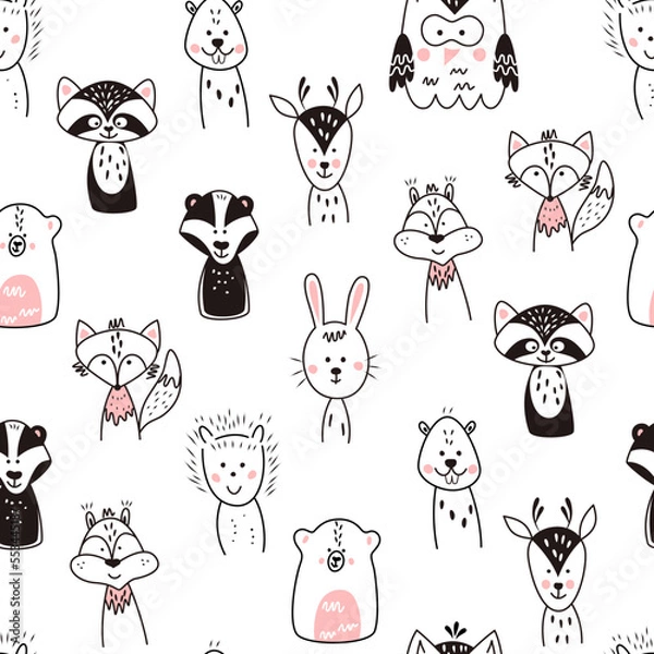 Fototapeta Seamless pattern with cute animals in Scandinavian style. Vector funny illustration for children.