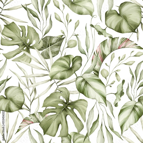 Fototapeta Tropical leaves watercolor seamless pattern. Monstera, palm tree and jungle plants background. Botanical texture for fabric, textile, wallpaper.