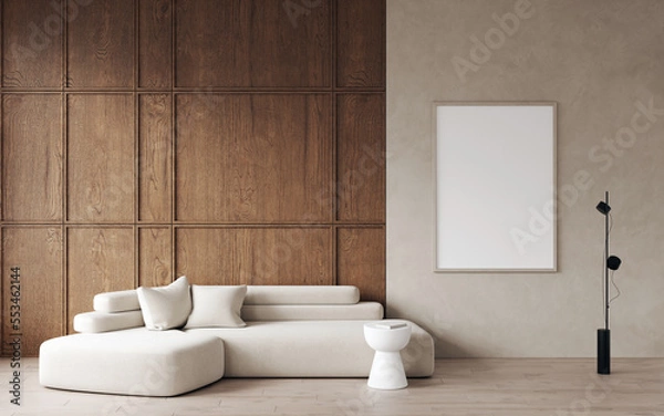 Fototapeta 3d rendering of modern living room with white sofa and floor lamp, decorative wall with wooden panels, wooden floor. Empty white frame for picture or art on wood panel. Frame mockup. 3d rendering