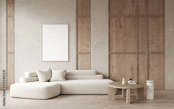 Fototapeta 3d rendering of modern living room with white sofa coffee table, lamp, decorative wall with embossed panels, wooden floor.Empty white frame for picture or art on wall. Frame mockup. 3d rendering