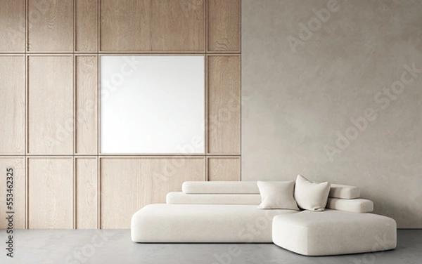 Fototapeta 3d rendering of modern living room with white sofa with pillows, decorative wall with embossed panels, concrete floor.Empty white frame for picture or art on wood panel. Frame mockup. 3d rendering