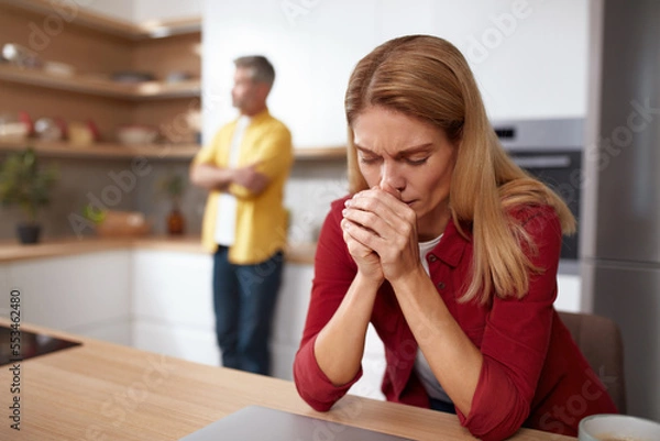 Fototapeta Senior Couple Having Argument. Angry Spouses Don't Speak With Each Other. Frustrated Husband And Annoyed Wife Quarrelling About Bad Marriage Relationships