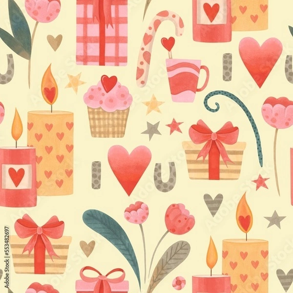 Fototapeta Valentine's Day. Seamless pattern of doodles for Valentine's Day. Background of gifts, hearts, cakes, candles. Hand-drawn. Marker Art	