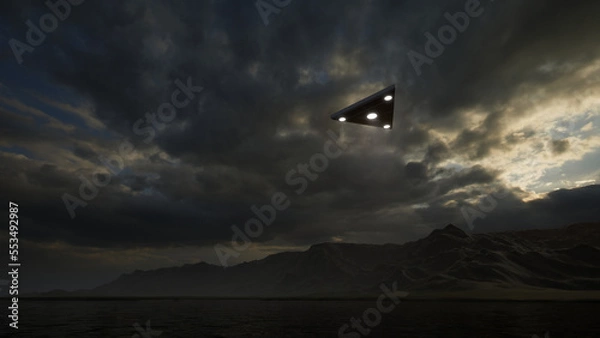 Fototapeta 3D-rendering. Triangular ufo hung in the sky in the evening	
