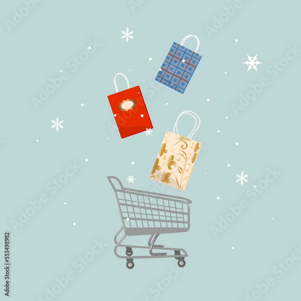Fototapeta Speckled paper bags with shopping basket on the blue background. Winter vector illustration.