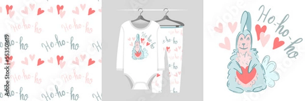 Obraz Seamless pattern and illustration set with Christmas rabbit and Ho ho ho text. Cute design pajamas on a hanger. Baby background for apparel, room decor, tee prints, fabric design, wrapping