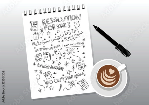 Fototapeta Happy new year 2023 illustration, resolutions doodles in notebook, coffee and pen